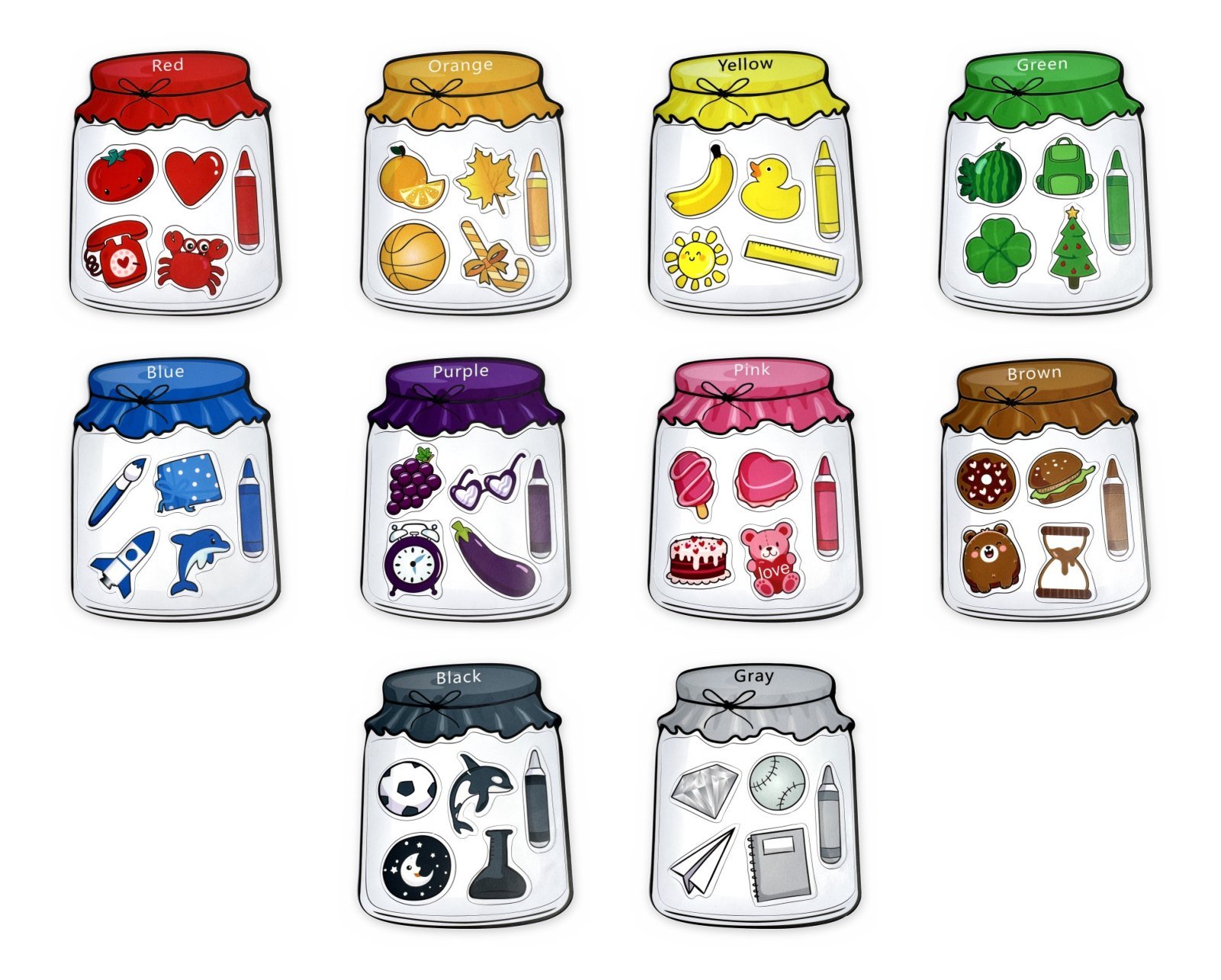 Every piece of the Colour-Sorting Jars Magnet Set laid out