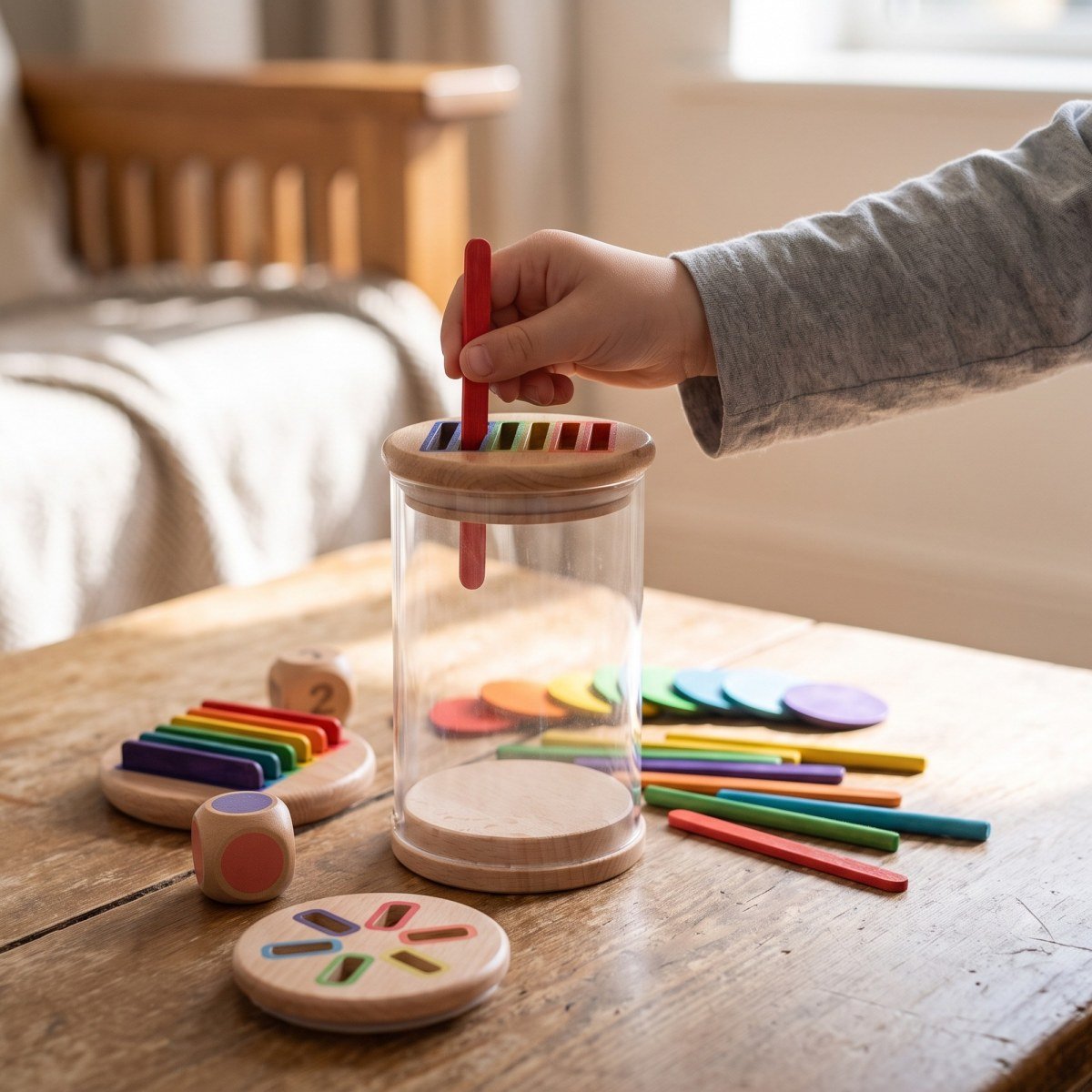 A child's hands playing with the Colour Sorting Sticks & Discs