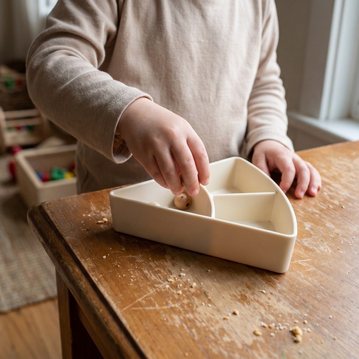 A child's hands playing with the Divided Wedge Tray