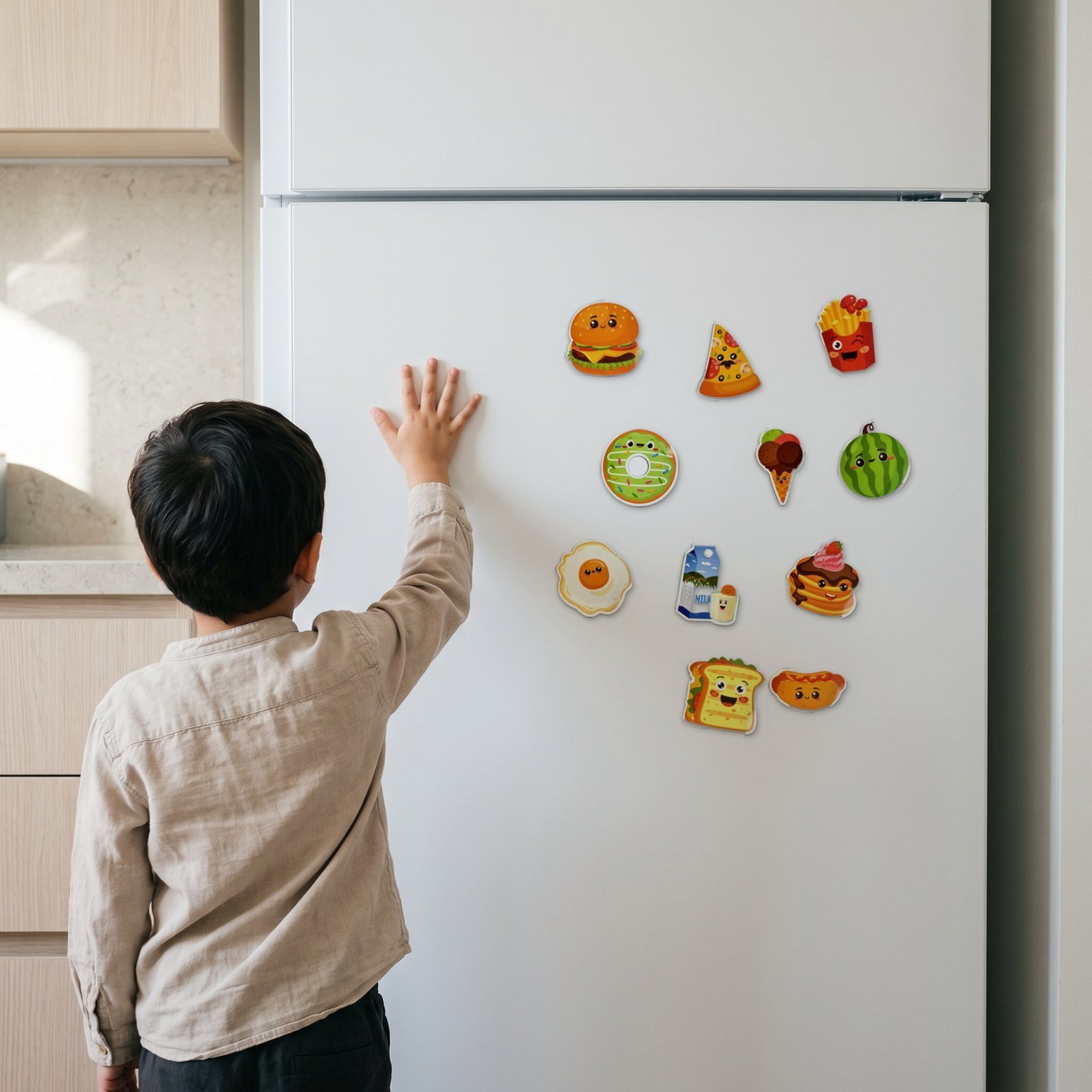 A child at a white fridge door with the Food Magnets on it