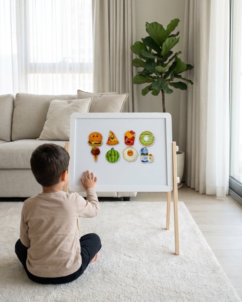 A child sitting in front of a small magnetic board with the magnets on it