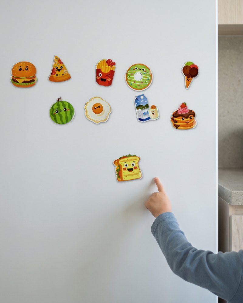A child's hand placing a magnet on a white fridge door