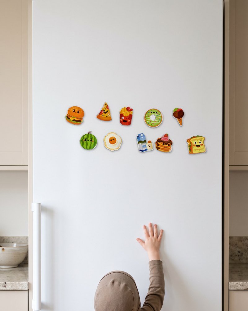 A child reaching up to magnets low on a fridge door