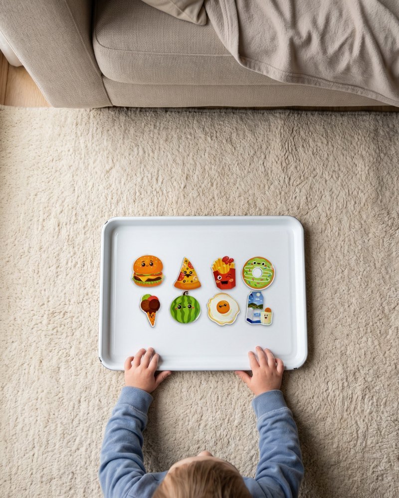 Magnets laid out on a white steel tray on a rug, a child's hands on the rim
