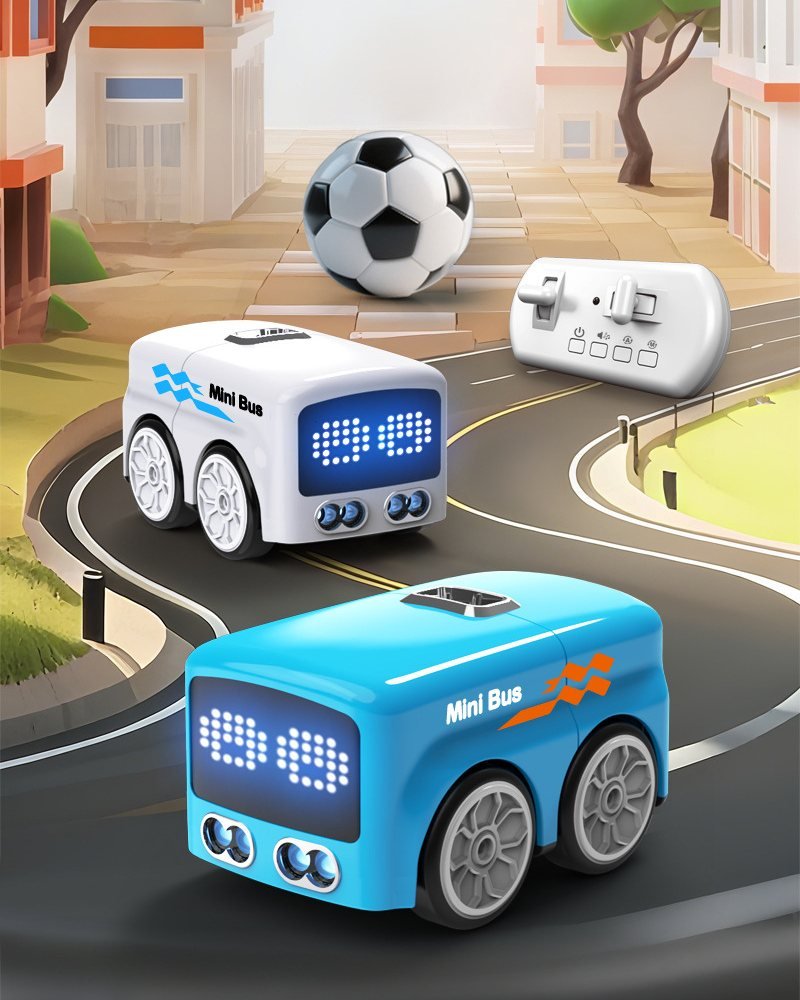 Blue and white Magic Mini Bus toys with LED faces on a play road, next to the remote control