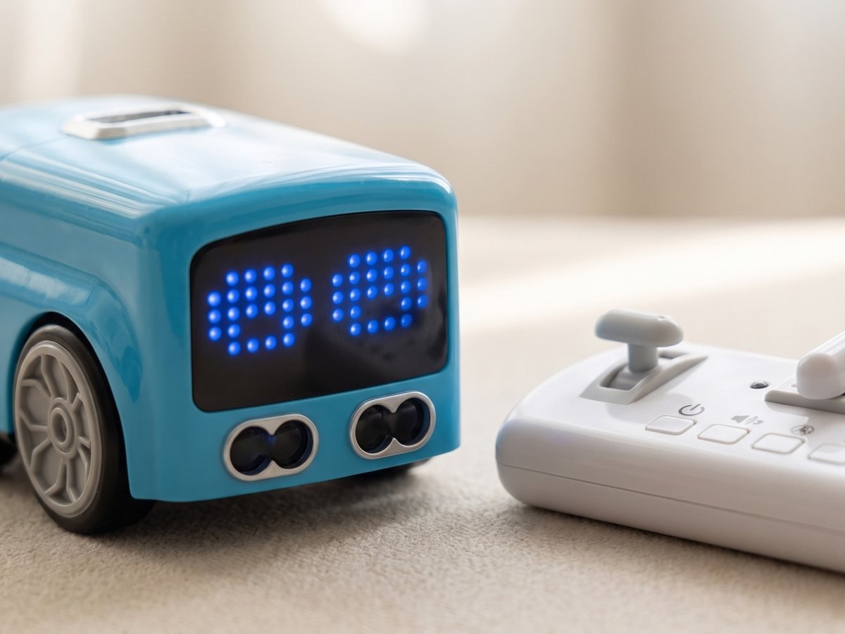 Close-up of the mini bus LED face with glowing blue eyes, beside its remote