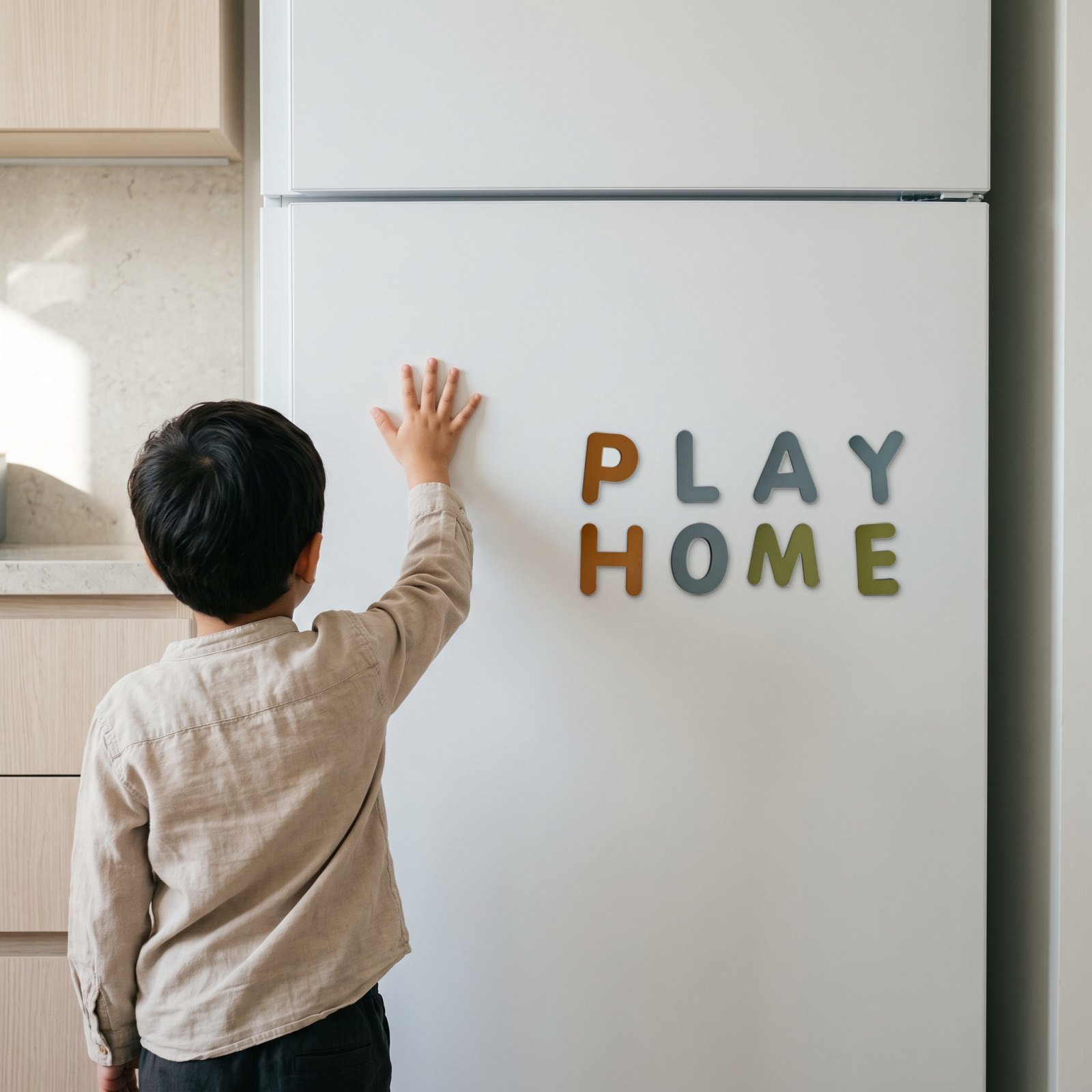 A child at a white fridge door with the Magnetic Letters & Numbers on it