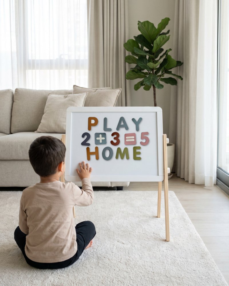 A child sitting in front of a small magnetic board with the magnets on it