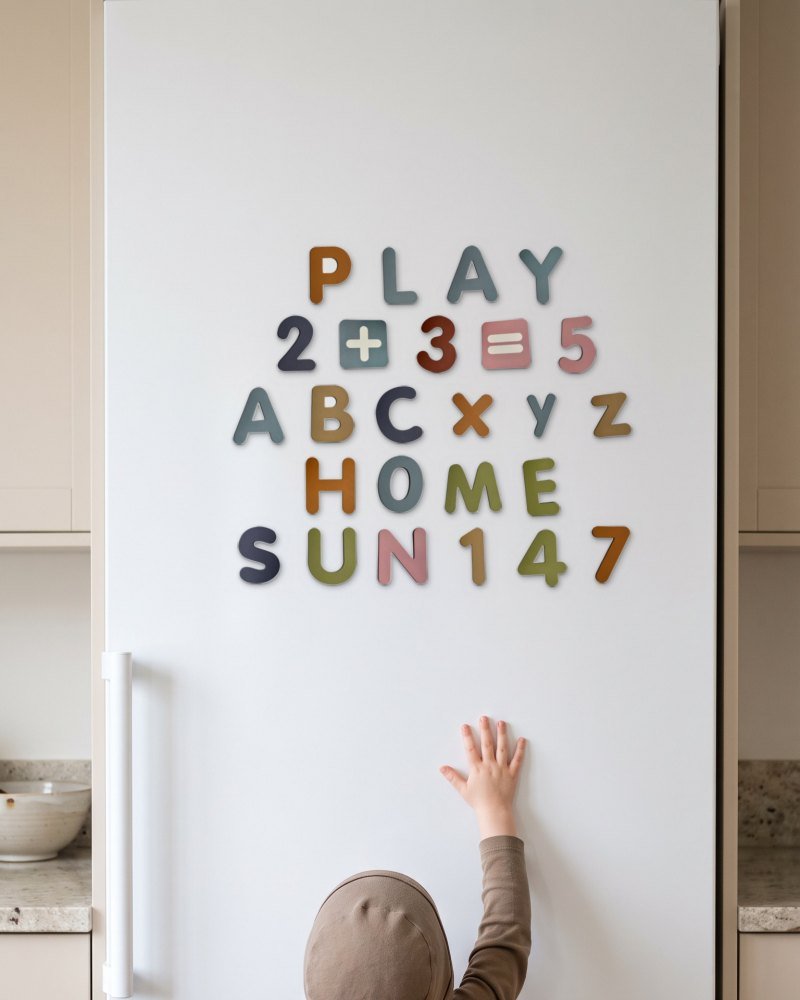 A child reaching up to magnets low on a fridge door