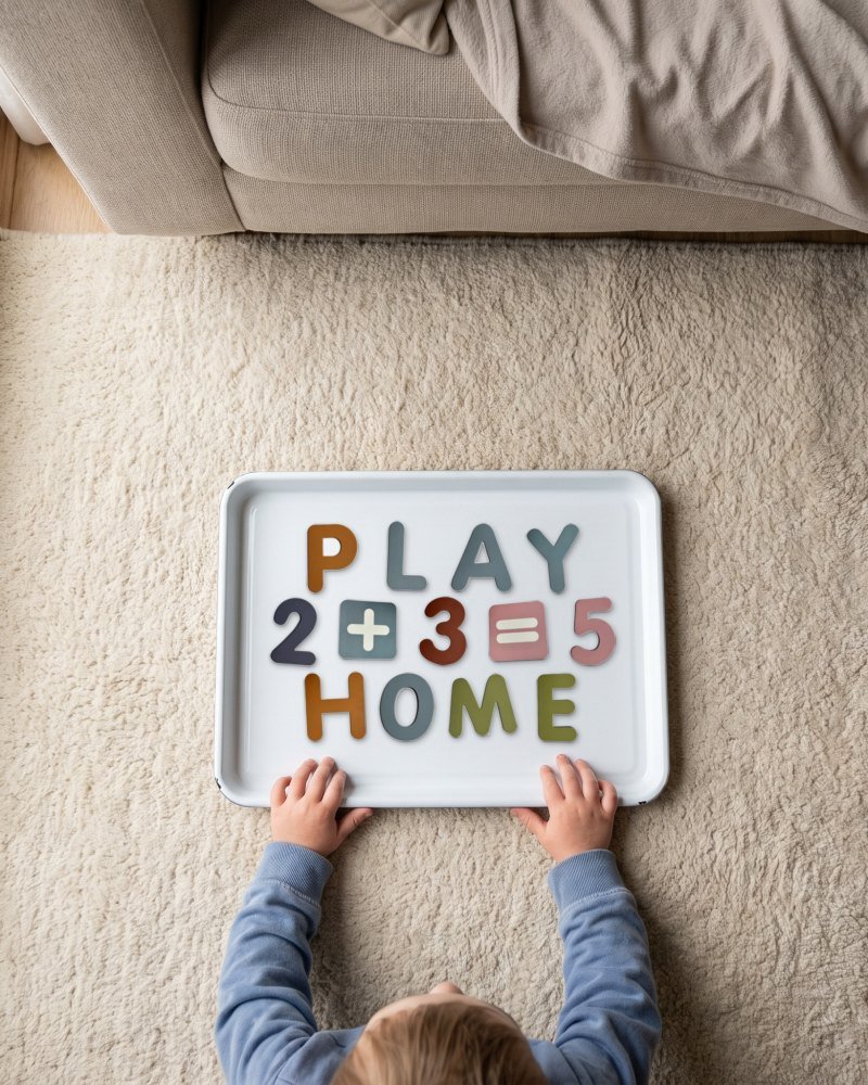Magnets laid out on a white steel tray on a rug, a child's hands on the rim