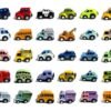 All 30 metal toy vehicles from the set in rows