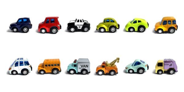 Twelve of the metal toy vehicles in two rows