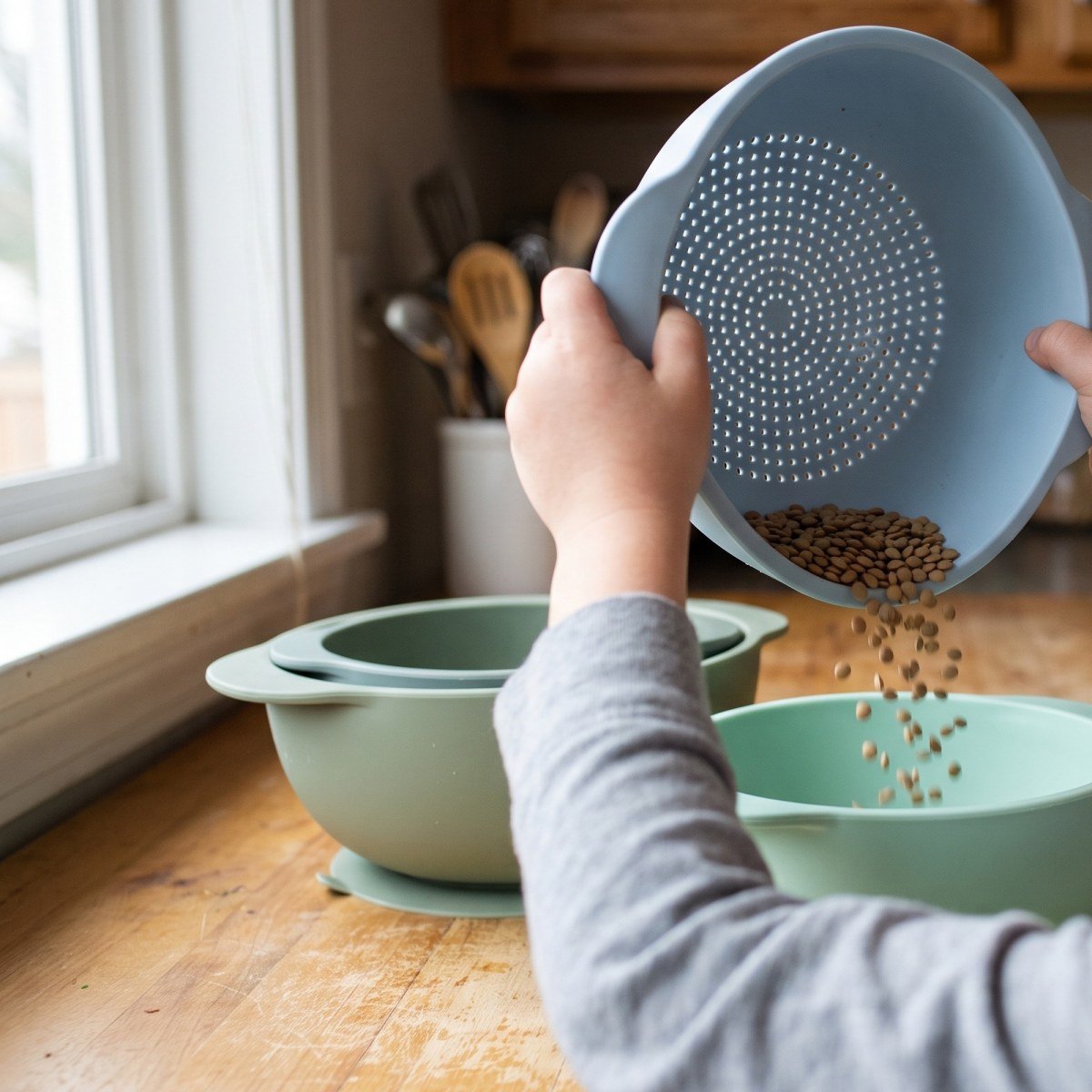 A child's hands playing with the Nesting Bowls & Sieve