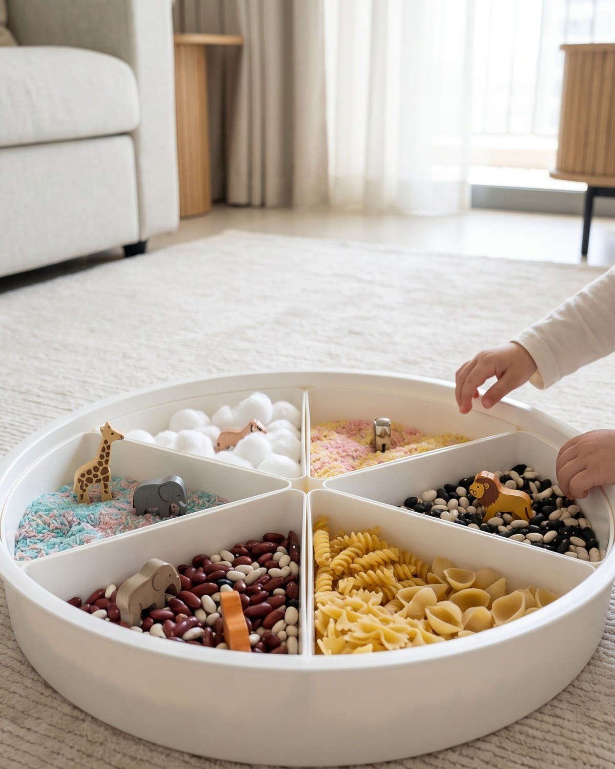 The Round Divided Sensory Tray in use at home