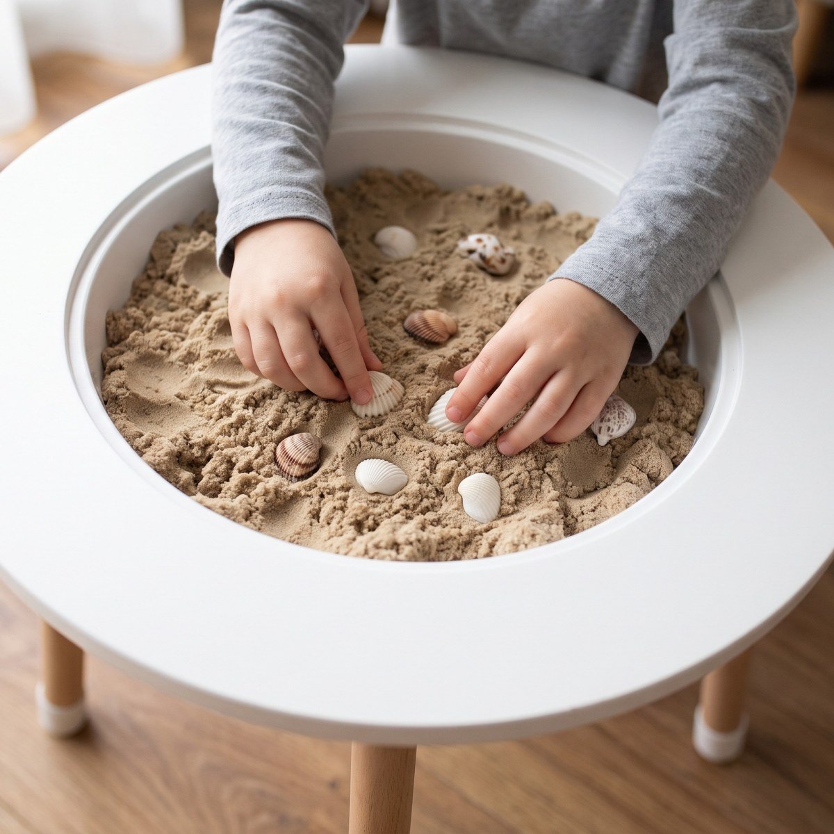 A child's hands playing with the Round Sensory Play Table