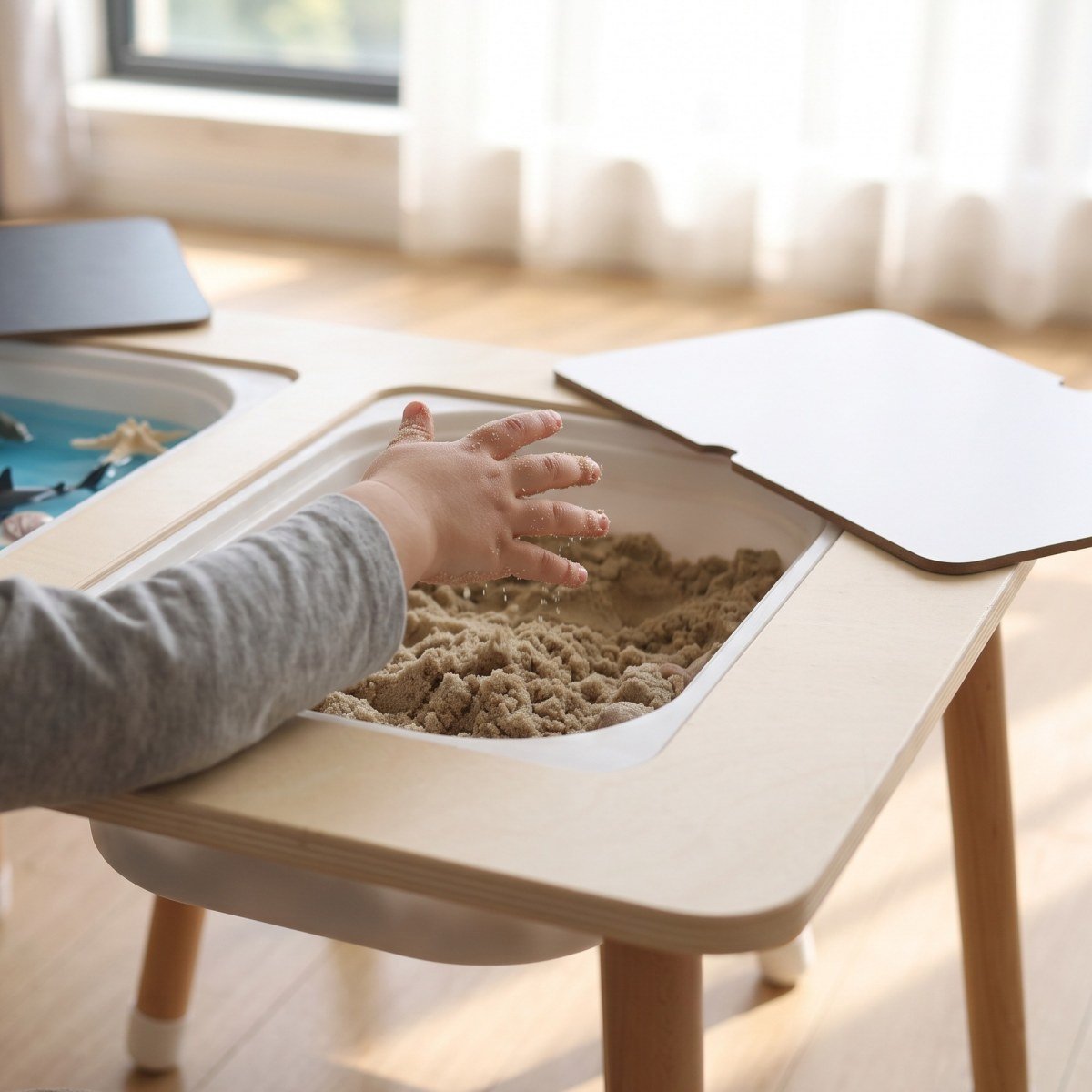 A child's hands playing with the Sensory Activity Table