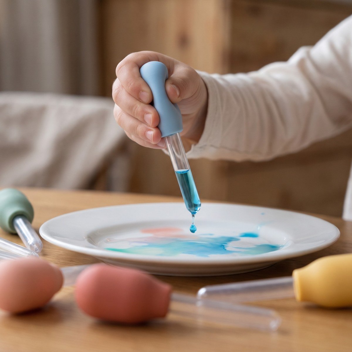 A child's hands playing with the Silicone Droppers Set