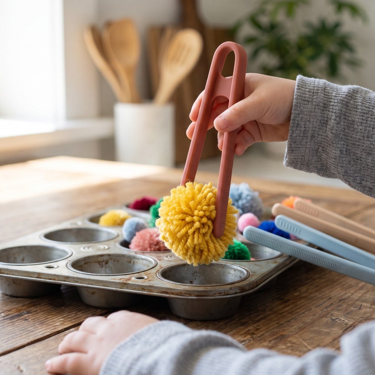 A child's hands playing with the Silicone Tongs