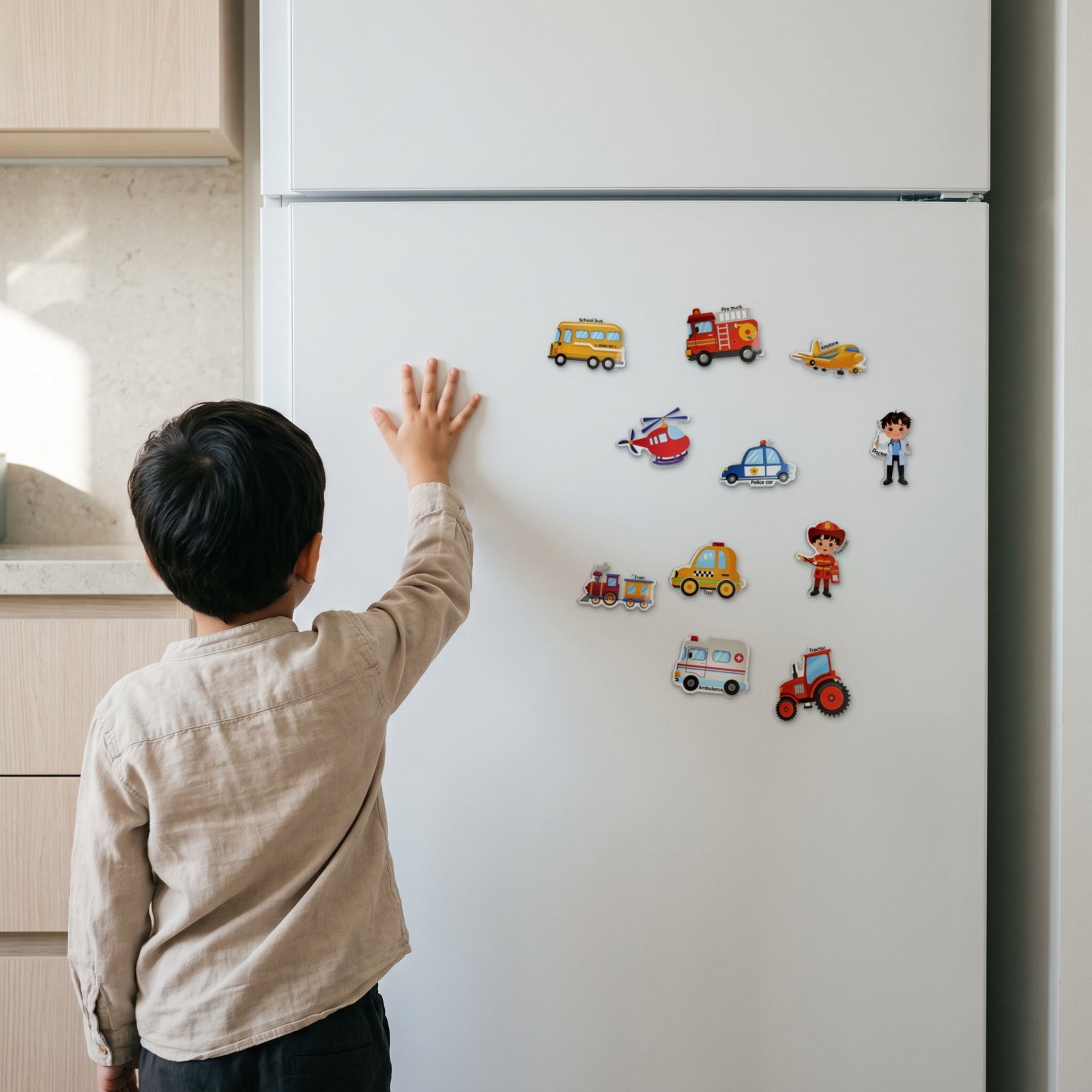 A child at a white fridge door with the Transport & Occupations Magnets on it