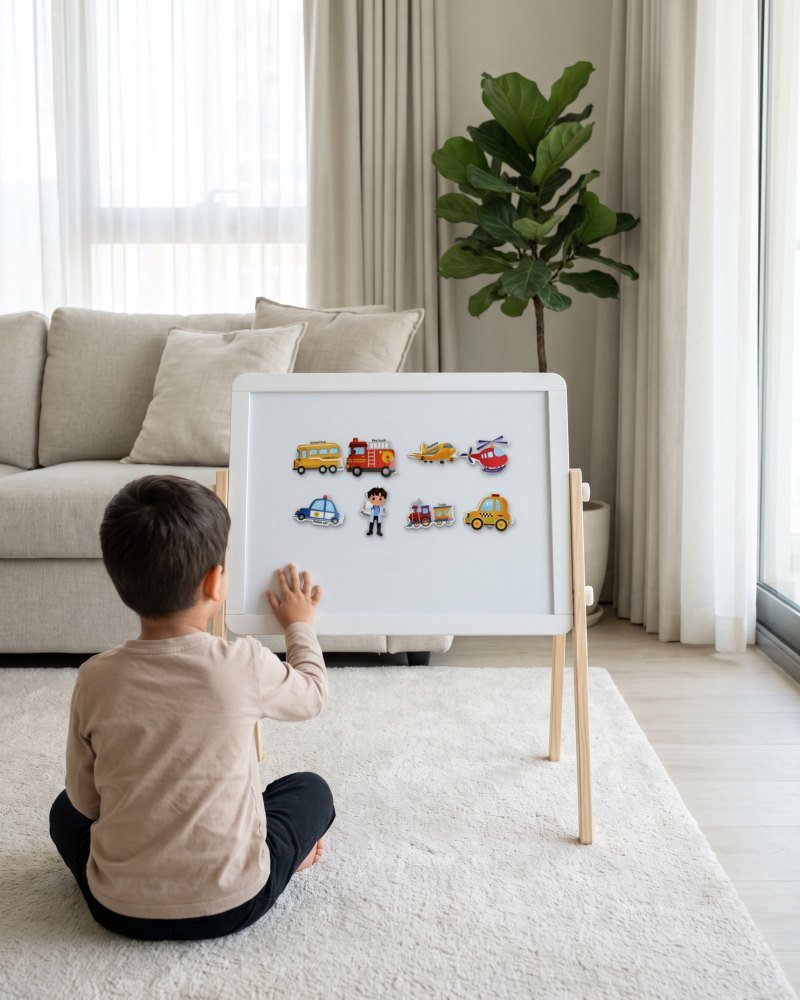 A child sitting in front of a small magnetic board with the magnets on it