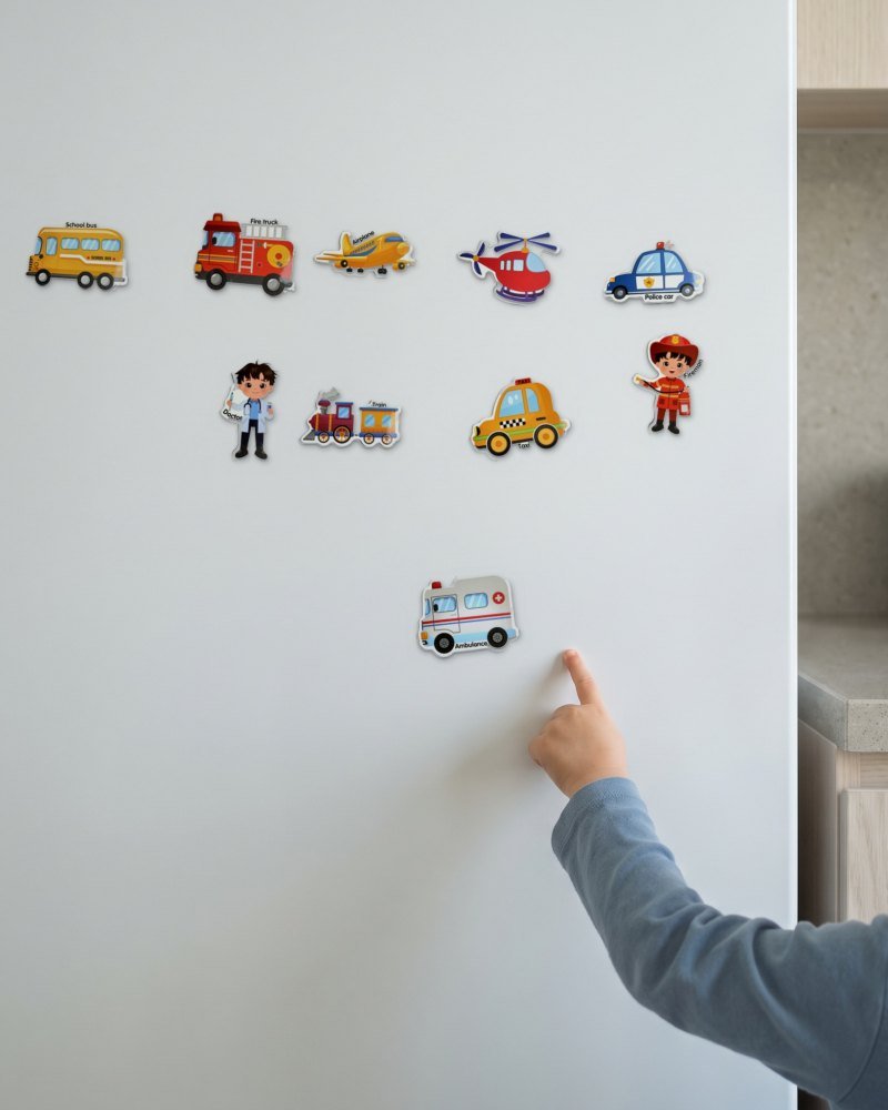 A child's hand placing a magnet on a white fridge door