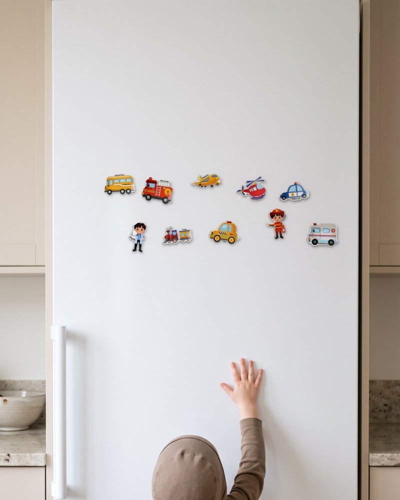 A child reaching up to magnets low on a fridge door