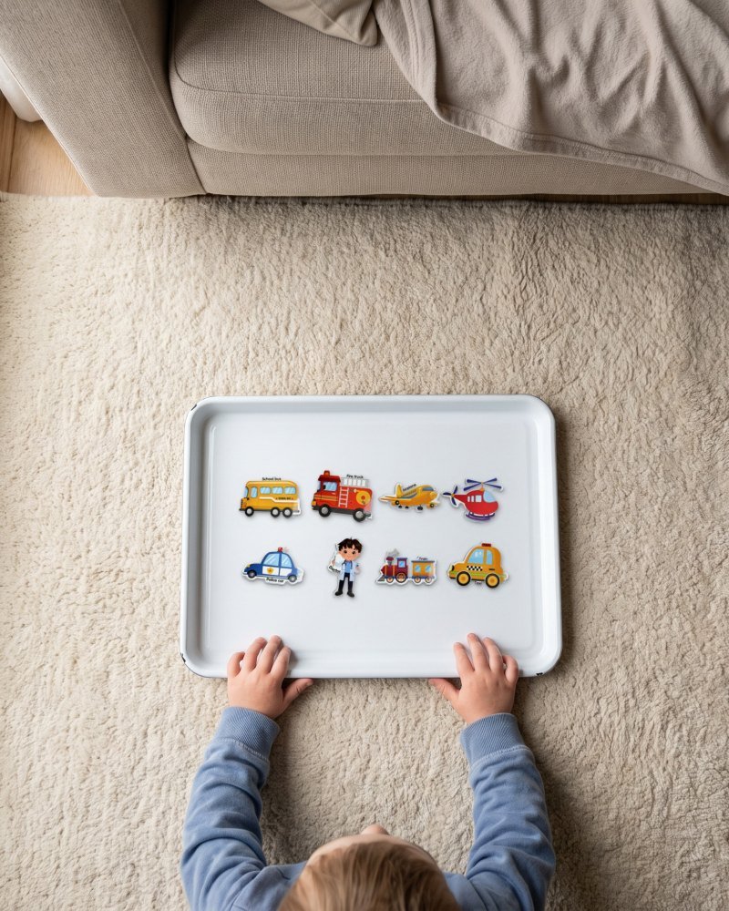 Magnets laid out on a white steel tray on a rug, a child's hands on the rim