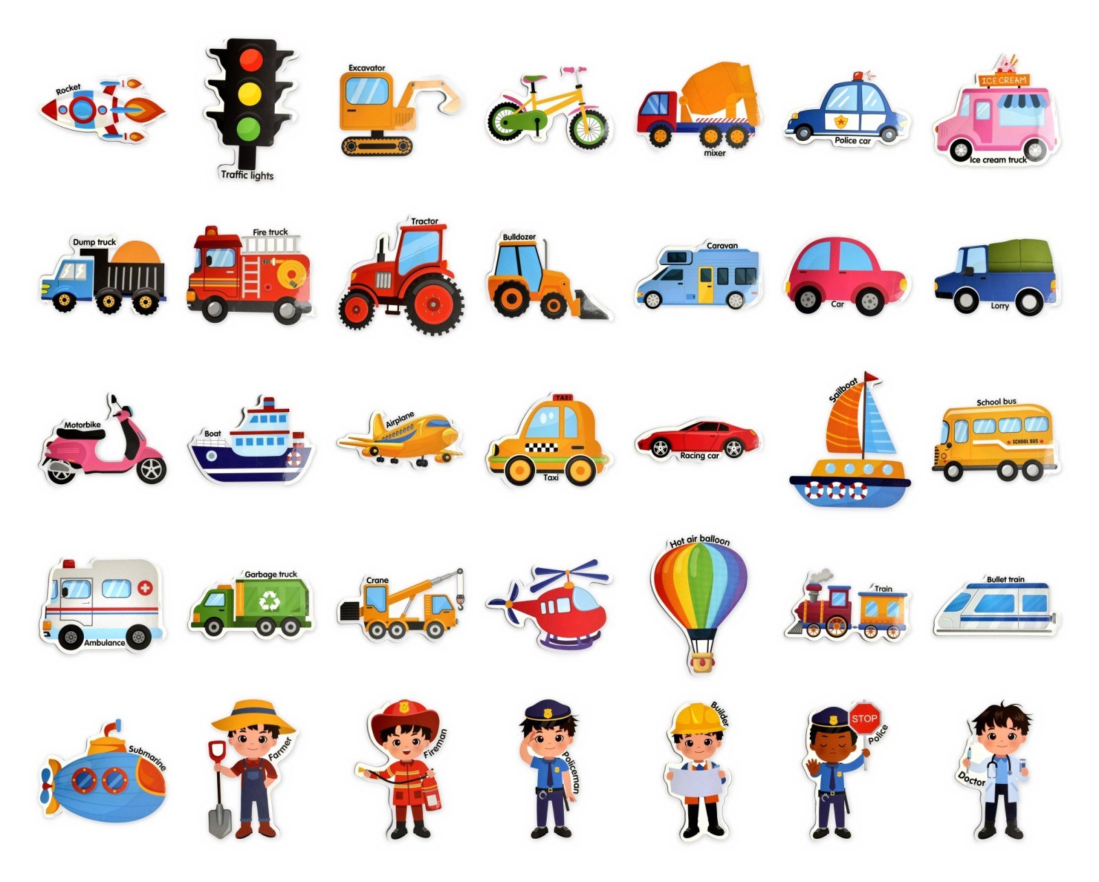 Every piece of the Transport & Occupations Magnets laid out