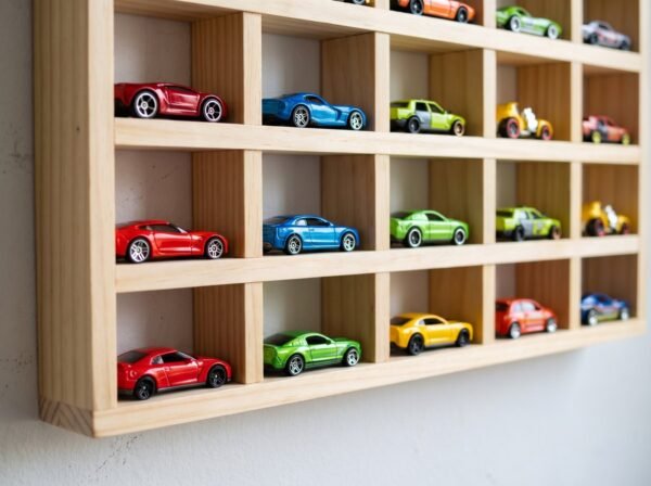 Wooden Toy Car Wall Shelf, 50 Spots: Personalised: detail Close-up of toy cars parked in the shelf slots