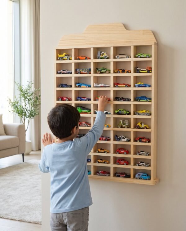 Wooden Toy Car Wall Shelf, 50 Spots: Personalised: hero A child reaching for a toy car on the wooden wall shelf