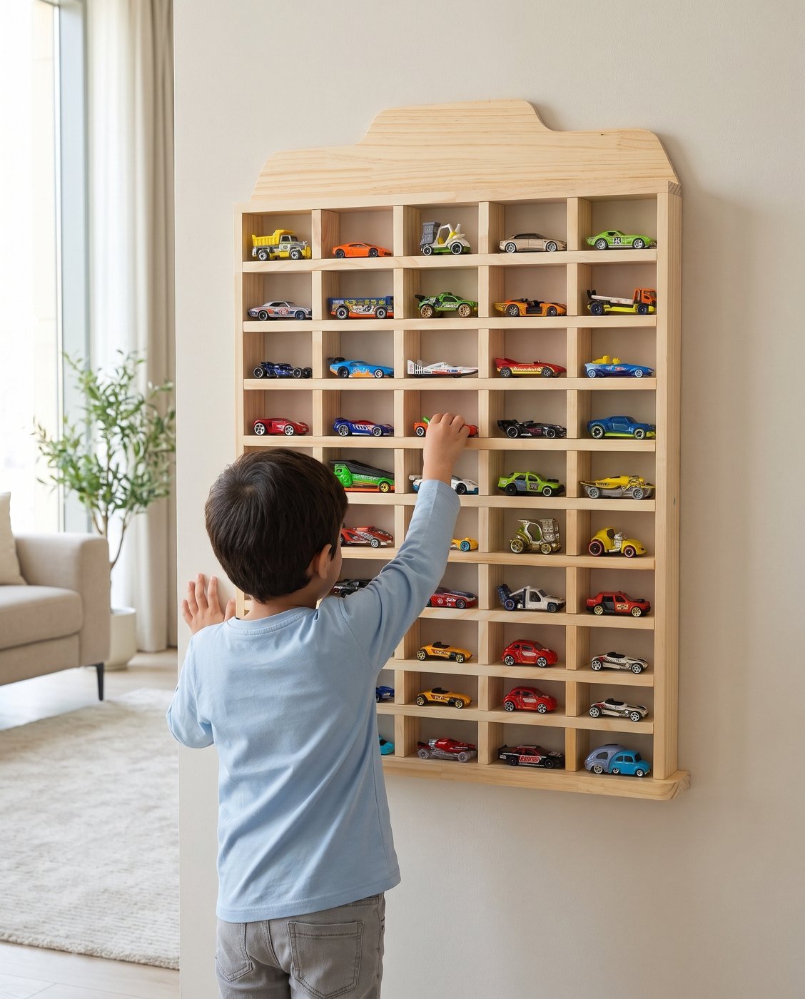 A child reaching for a toy car on the wooden wall shelf
