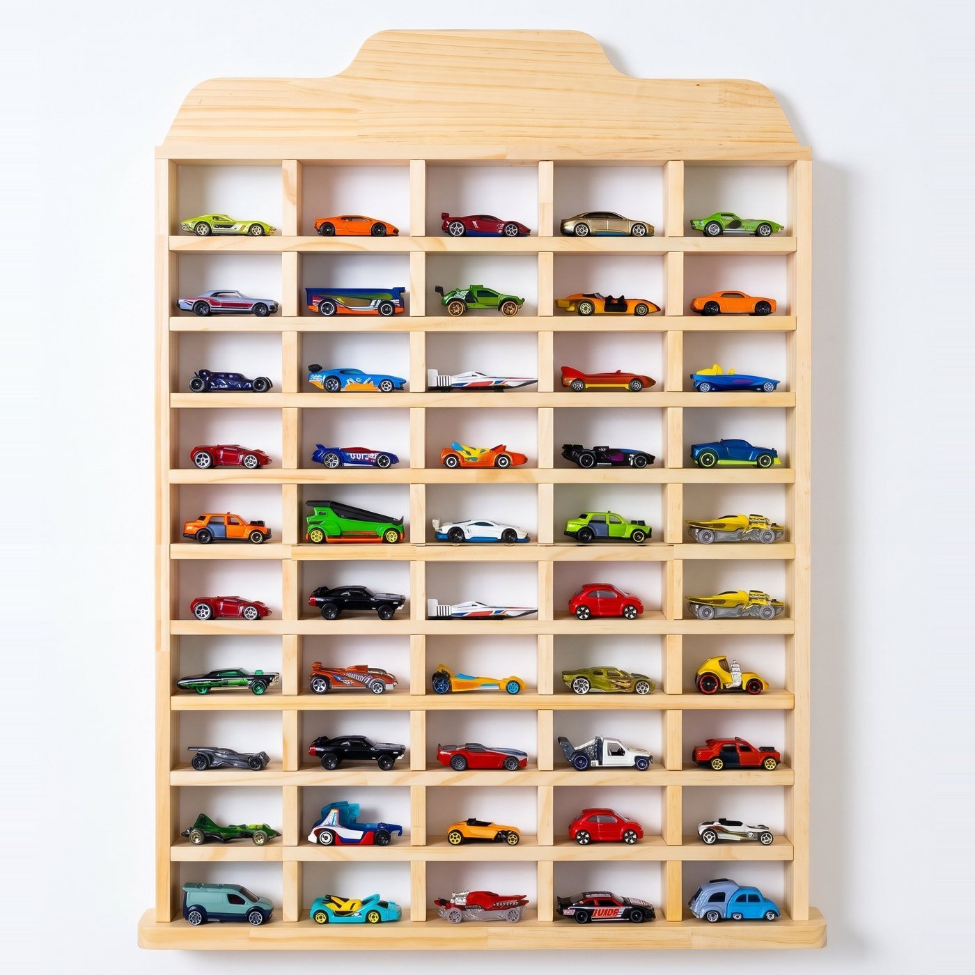 The wooden toy car wall shelf with 50 spots on a white background