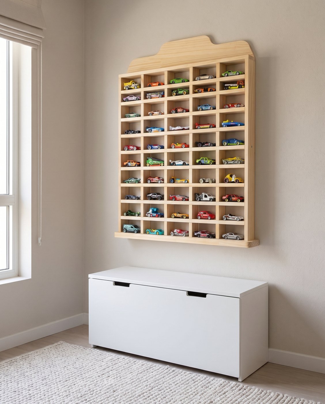 The wooden car shelf full of toy cars on a bedroom wall