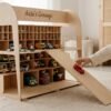 A toy car rolling down the wooden ramp