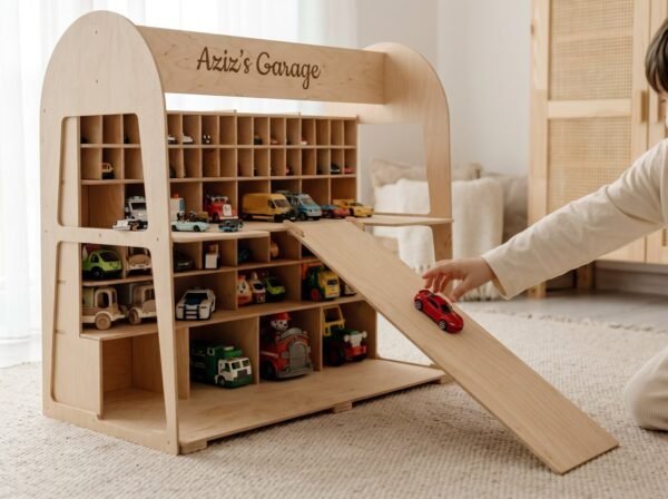 A toy car rolling down the wooden ramp