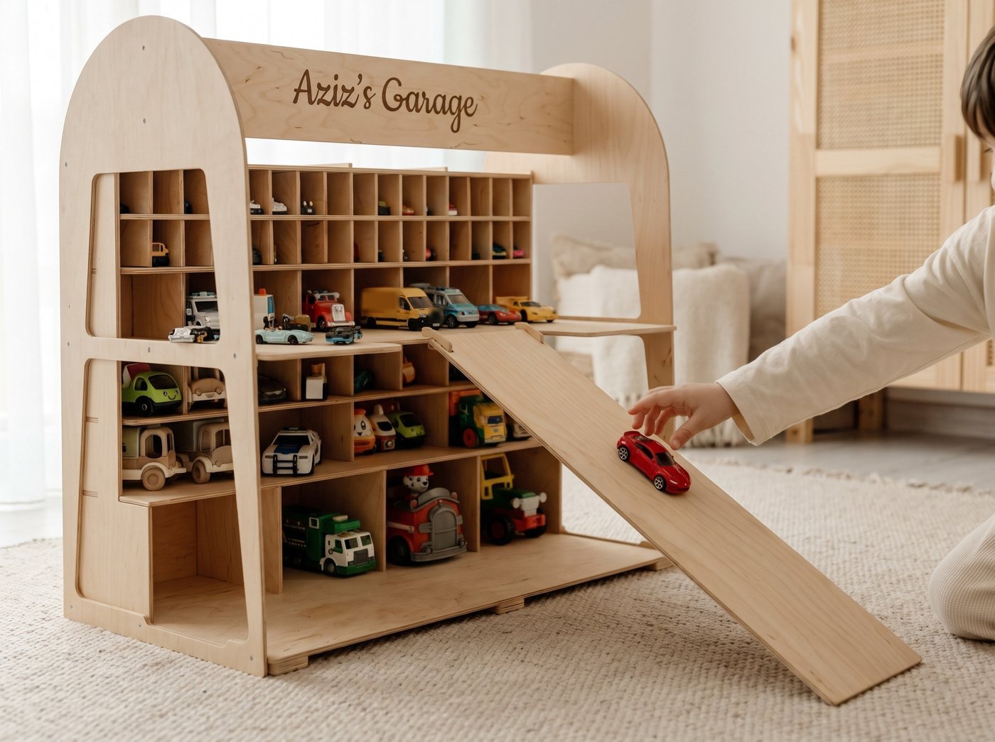 A toy car rolling down the wooden ramp