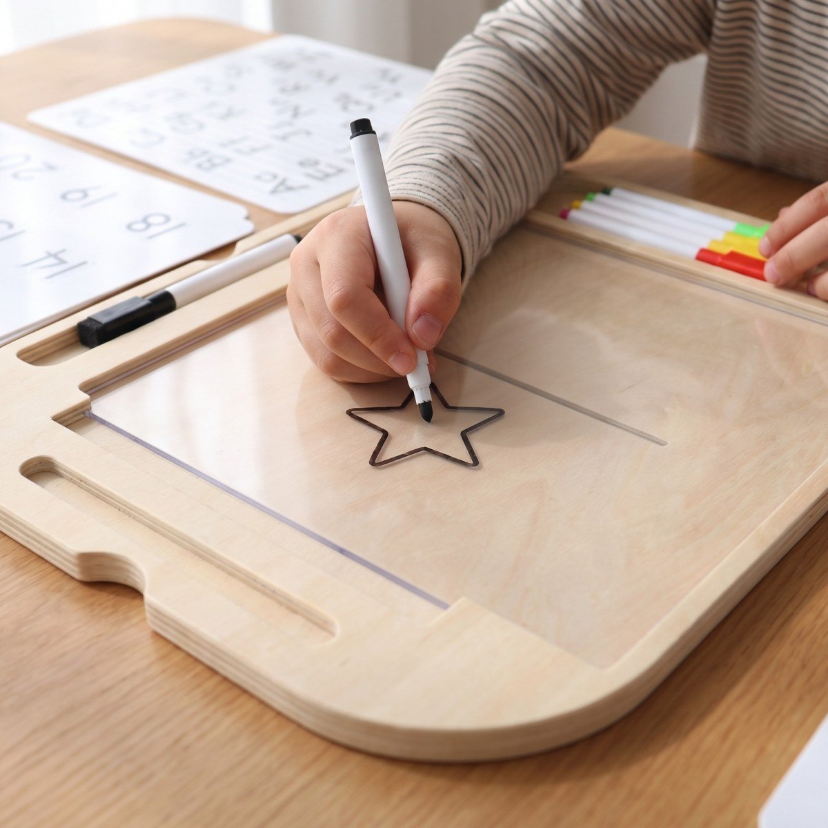 A child's hands playing with the Write & Wipe Board Insert